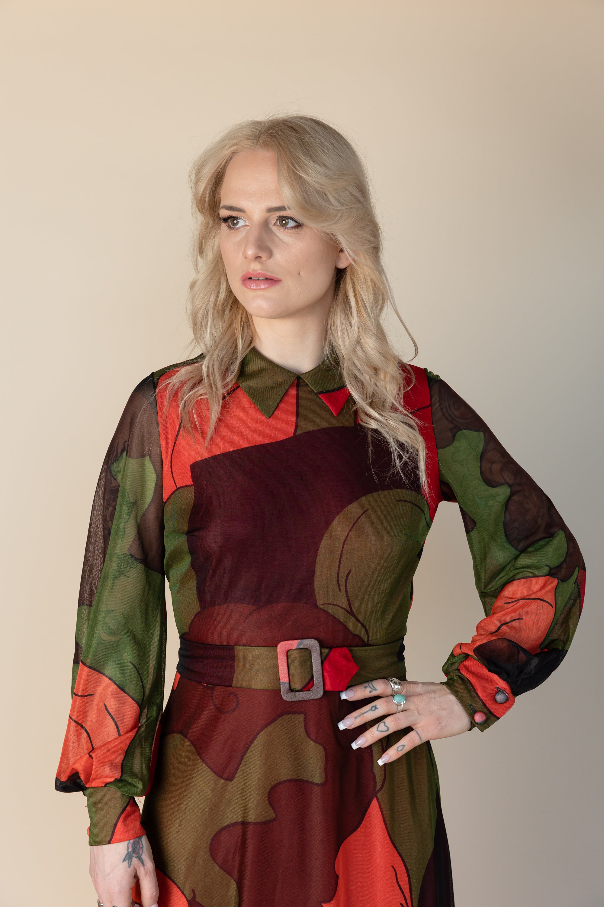 long sleeve groovy dress 70s Retro Groovy Mid Century Modern Floral Printed Bohemian Boho Long Kate McEnroe New York