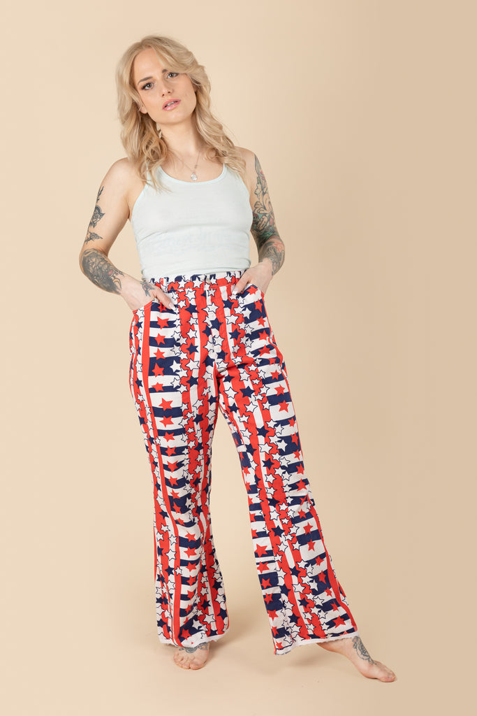 Vintage 1960’s Stars and Stripes Flare Denim Pants| Pop Art Pattern 60’s Pants| 60’s Patriotic Americana Trousers| (men's 31-32)