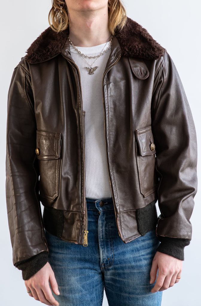 1970's Brown Leather Aviator Bomber Jacket Shearling Collar