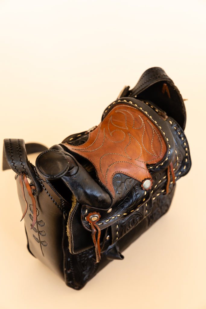 Vintage 1970's Black Tooled Leather Saddle Bag