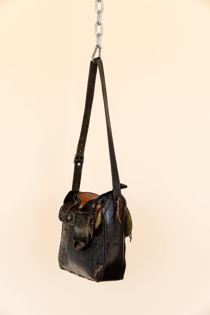 Vintage 1970's Black Tooled Leather Saddle Bag