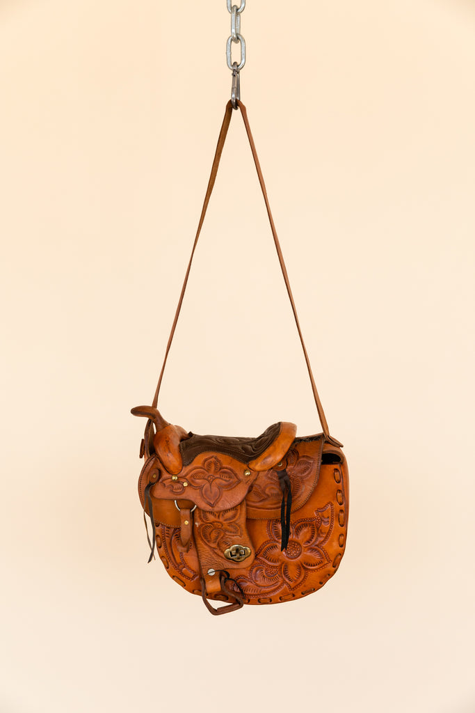 Vintage 1970's Tan Tooled Leather Saddle Bag