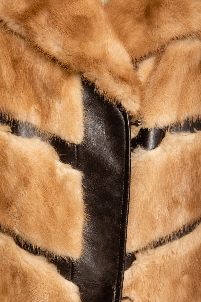 1970's Mink Leather Chevron Fur Coat| Vintage Herringbone Mink Fur | Patchwork Brown Leather Mink Fur | Studio 54 Fur Jacket (Medium)