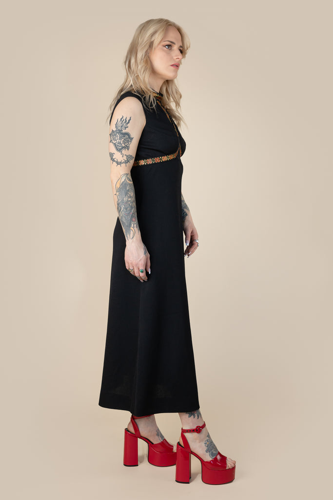 Vintage 1970's Jac-ann Black maxi dress Sleeveless Black Evening Gown Long Body Con Dress 1970's Black Evening Dress  (women's Large)
