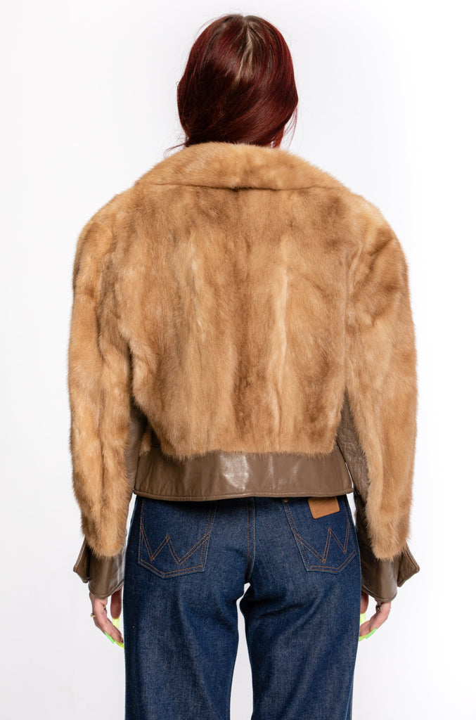 Vintage 1970's Mink Fur Leather Jacket  Short Fur Jacket  Taupe Leather & mink Fur Disco Fur Coat  Fur Bomber Jacket  Small