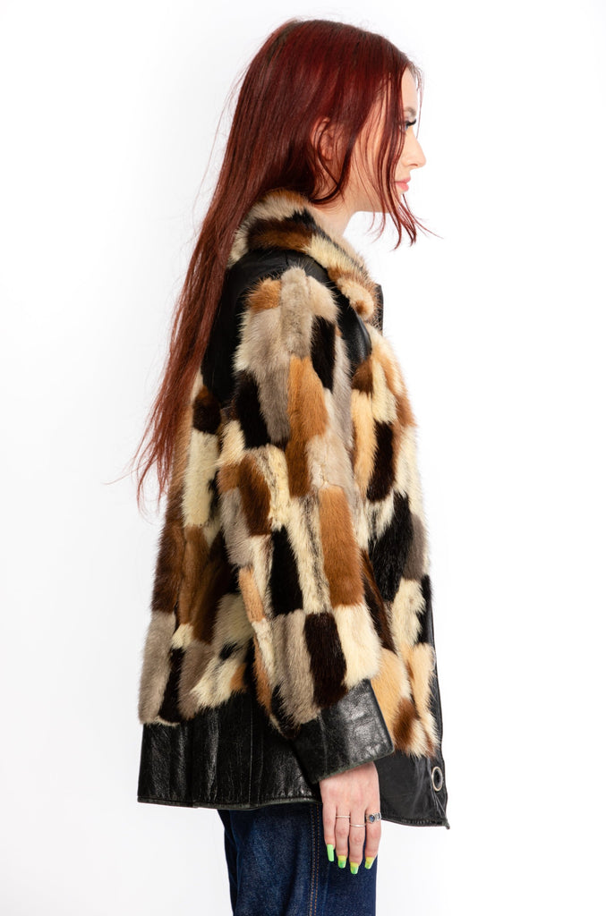 Vintage 1970's Patchwork Fur Coat | Mink Fur Patchwork & Leather| Dagger Collar Fur Coat | Studio 54 Fur Jacket (women's small)