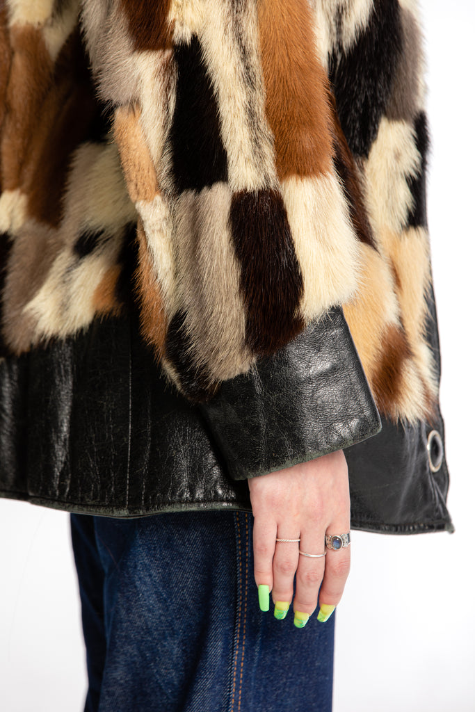 Vintage 1970's Patchwork Fur Coat | Mink Fur Patchwork & Leather| Dagger Collar Fur Coat | Studio 54 Fur Jacket (women's small)