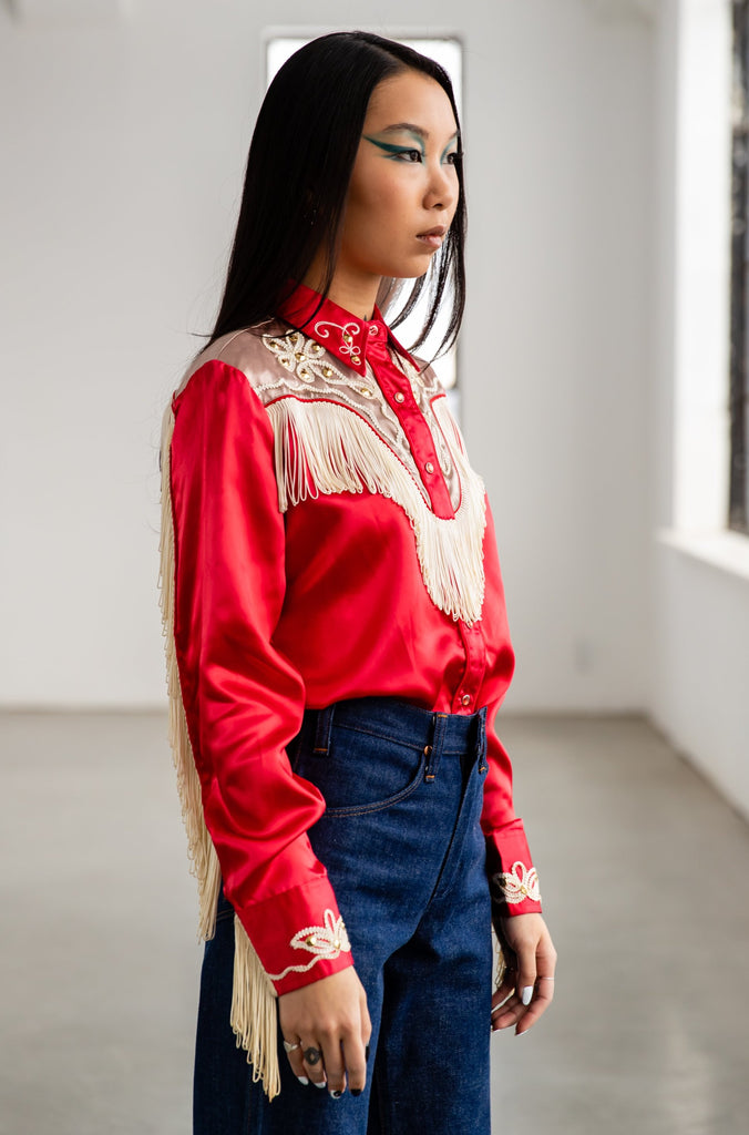 1970's Red Satin Western Fringe Button up Shirt by MWG