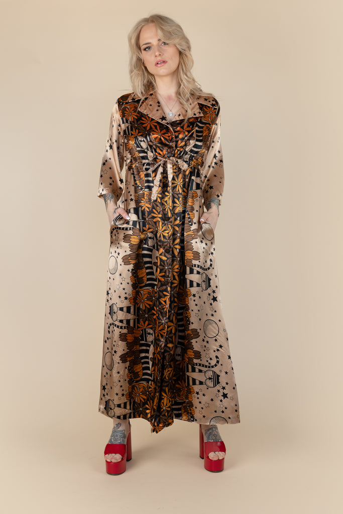 Vintage 1970's Satin House Dress| Rose Gold Satin Dress| Maxi house dress| Adjustable Dress| Floral satin Dress (women's Small/Medium)