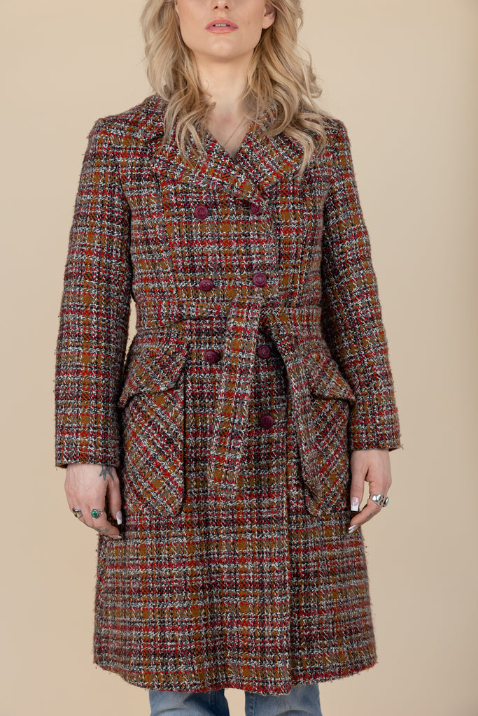 Vintage 1970's Tweed Trench Coach| Mod Trench Coach| Coco Chanel Tweed Jacket | Brown & Red Long Tweed Coat| by First Lady (size Small)