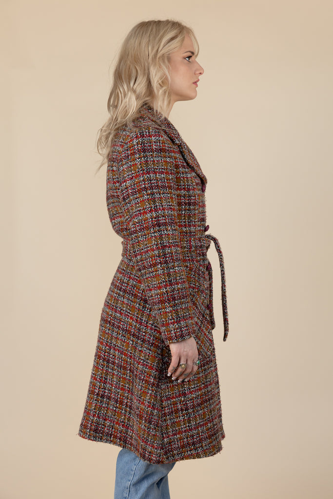 Vintage 1970's Tweed Trench Coach| Mod Trench Coach| Coco Chanel Tweed Jacket | Brown & Red Long Tweed Coat| by First Lady (size Small)