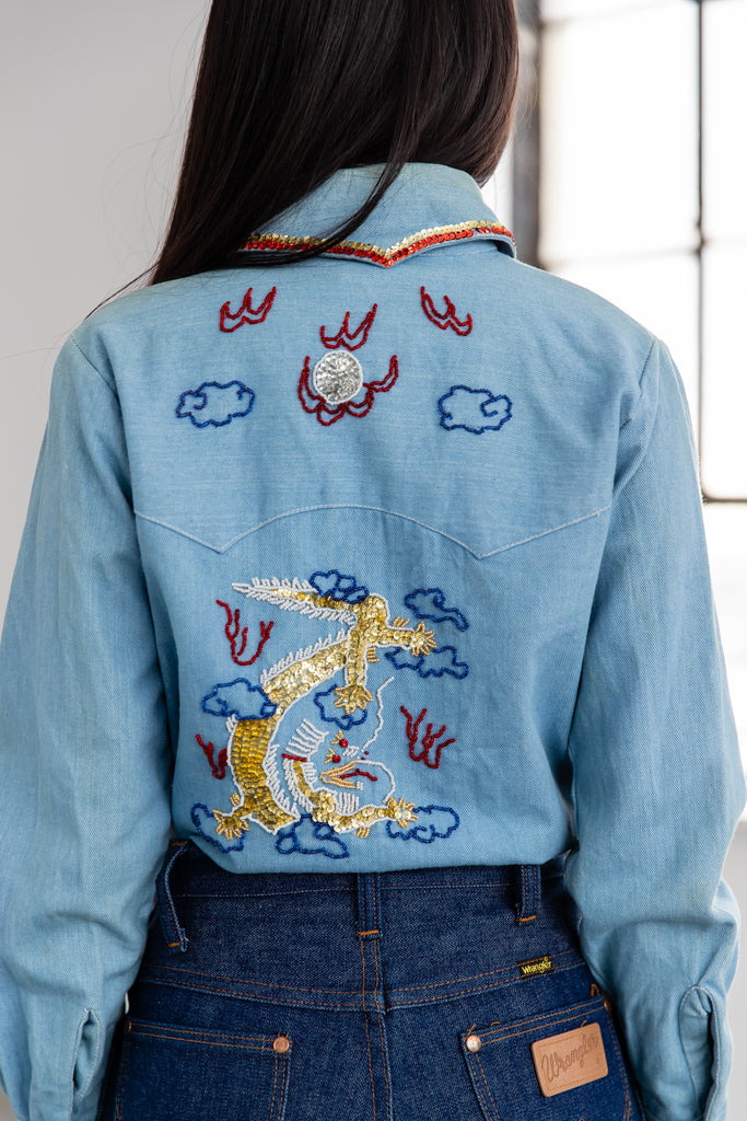 Vintage Western Sequin Embroidered Beaded Dragon Button Up Shirt By Genesis