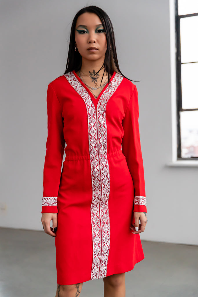 1970's Red Mod Dress With Silver Embroidery