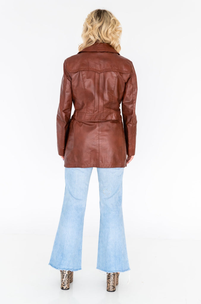 1970's Orange Brown Leather Trench Coat