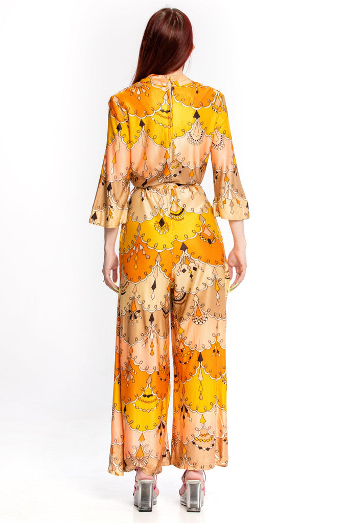 Vintage 1970's psychedelic belted Jumpsuit | Orange pink and tan Jumpsuit |  By Elaine Eaton (women's Medium)