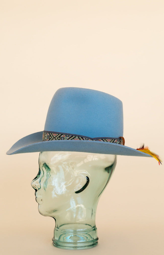 1980's Smith Bilts Cowboy Hat Baby Blue High Top 3 X Wool Felt With Lace Trims Outlaws Western Wear
