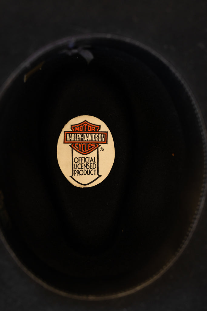 Vintage 1980's Harley-Davidson Cowboy Hat Black Wool Felt Silver Logo Motorcycle