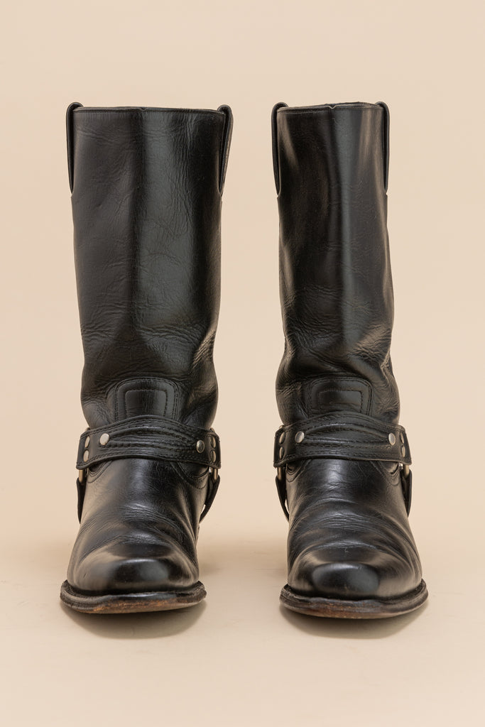 Vintage 1980's Boulet harness boots| Black Pull on Boots| Black motorcycle Boots| Black Biker Boots| Black tall Boots| (women's 6)