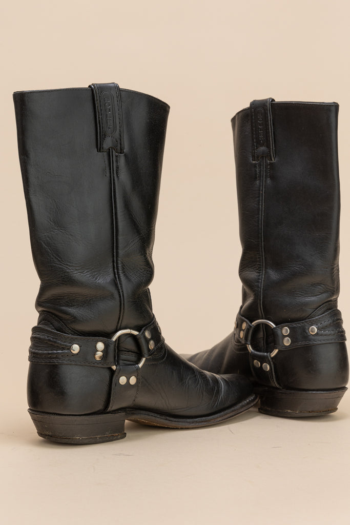 Vintage 1980's Boulet harness boots| Black Pull on Boots| Black motorcycle Boots| Black Biker Boots| Black tall Boots| (women's 6)
