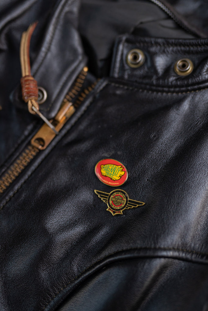 Vintage 1980's Leather Cafe Racer Jacket  HOG Biker Leather Jacket  Vintage Moto Jacket with biker pins (women's Small)