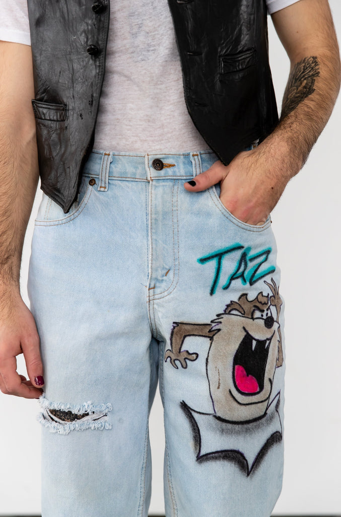 1980's Levi's 533 Light Wash Distressed with Taz Looney Tunes Artwork Jeans