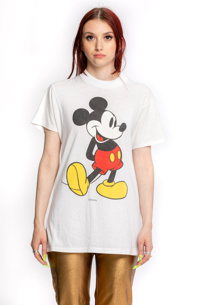 Vintage 1980's Mickey Mouse Front and Back T-shirt | Mickey & Friends by Disney | Single Stitch white T-shirt Made In Canada (Men's Small)