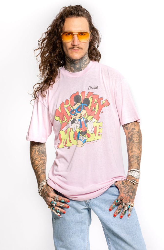 Vintage 1980's Mickey Mouse in Florida | Disney by Sherry MTG | Single Stitch paper thin 50/50 Pink T-shirt Made In U.S.A (men's X-Large)