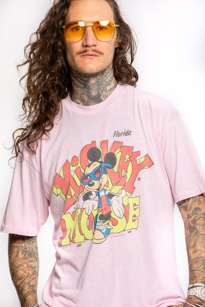 Vintage 1980's Mickey Mouse in Florida | Disney by Sherry MTG | Single Stitch paper thin 50/50 Pink T-shirt Made In U.S.A (men's X-Large)