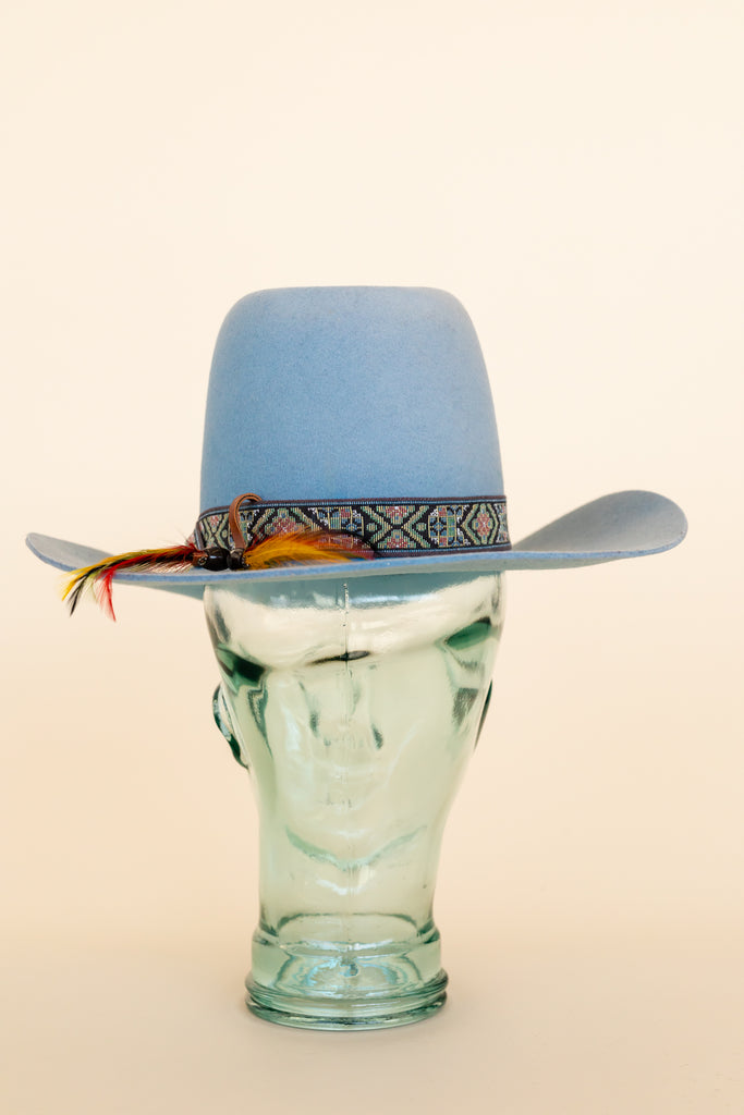 1980's Smith Bilts Cowboy Hat Baby Blue High Top 3 X Wool Felt With Lace Trims Outlaws Western Wear