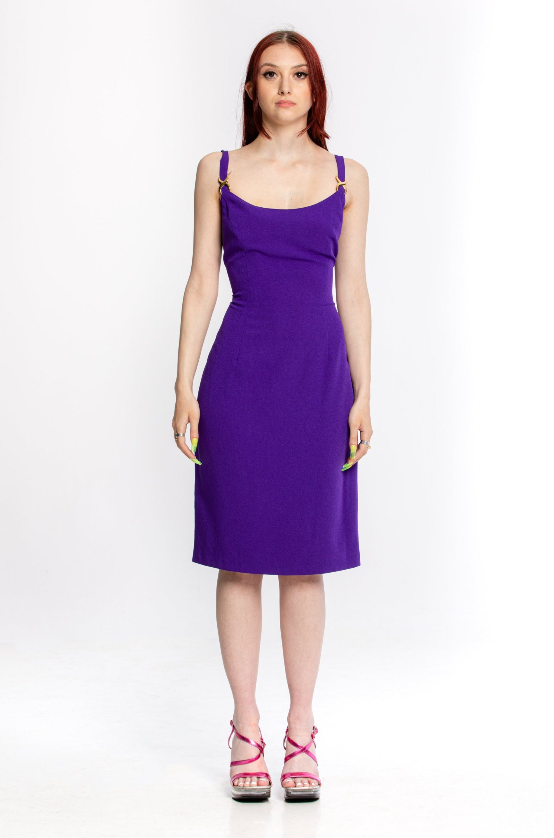 Vintage 1980's Versace Style Purple Dress gold chain strap details Gra Widow's Blow Vintage 1980's Versace Style Purple Dress gold chain strap details Gra Widow's Blow
