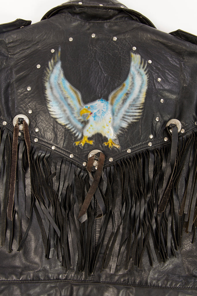 Vintage 1980's moto Leather Jacket with fringe & concho | with air brush eagle| (men's small or women's medium)