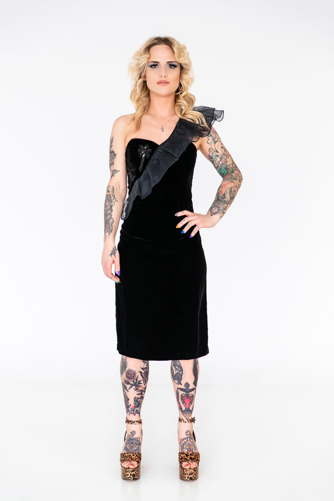1990's Black Velvet Palm Tree Mid Dress w/ Sequin Embroidery ( Women's Small)