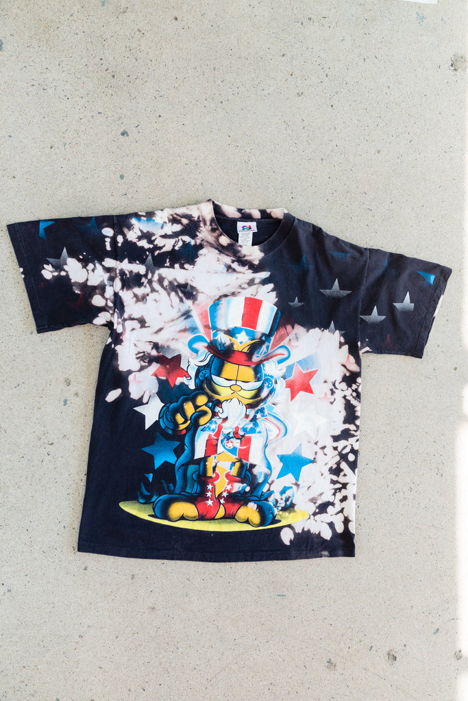 1990's Black Tie dye Garfield Mega Print Uncle Sam Stars Stripes America Jim Davis T-Shirt