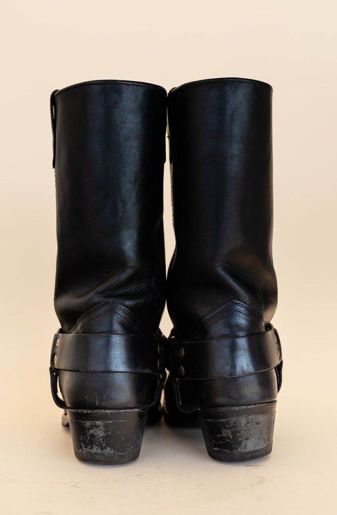 1990's Harness Biker Black Leather Boots with Brass | (size men 7.5)