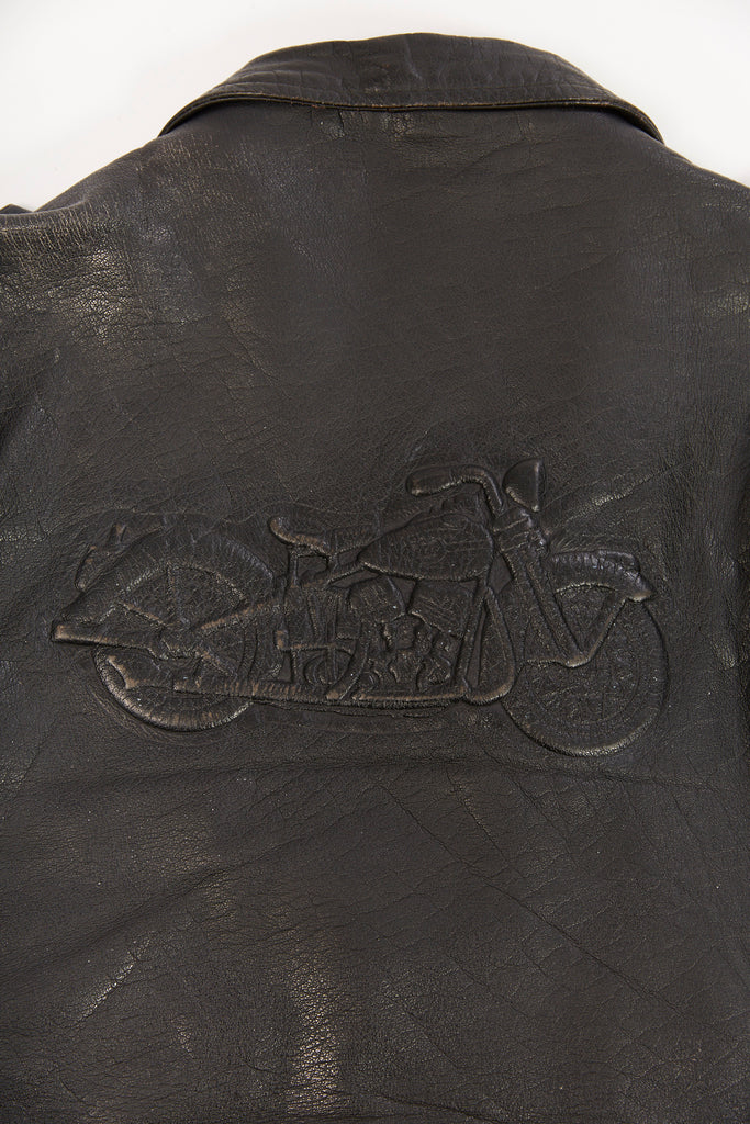 Vintage 1990's Highway One Leather moto jacket with embossed motorcycle on back  Black Leather Biker Jacket (Men's Large/Extra Large)