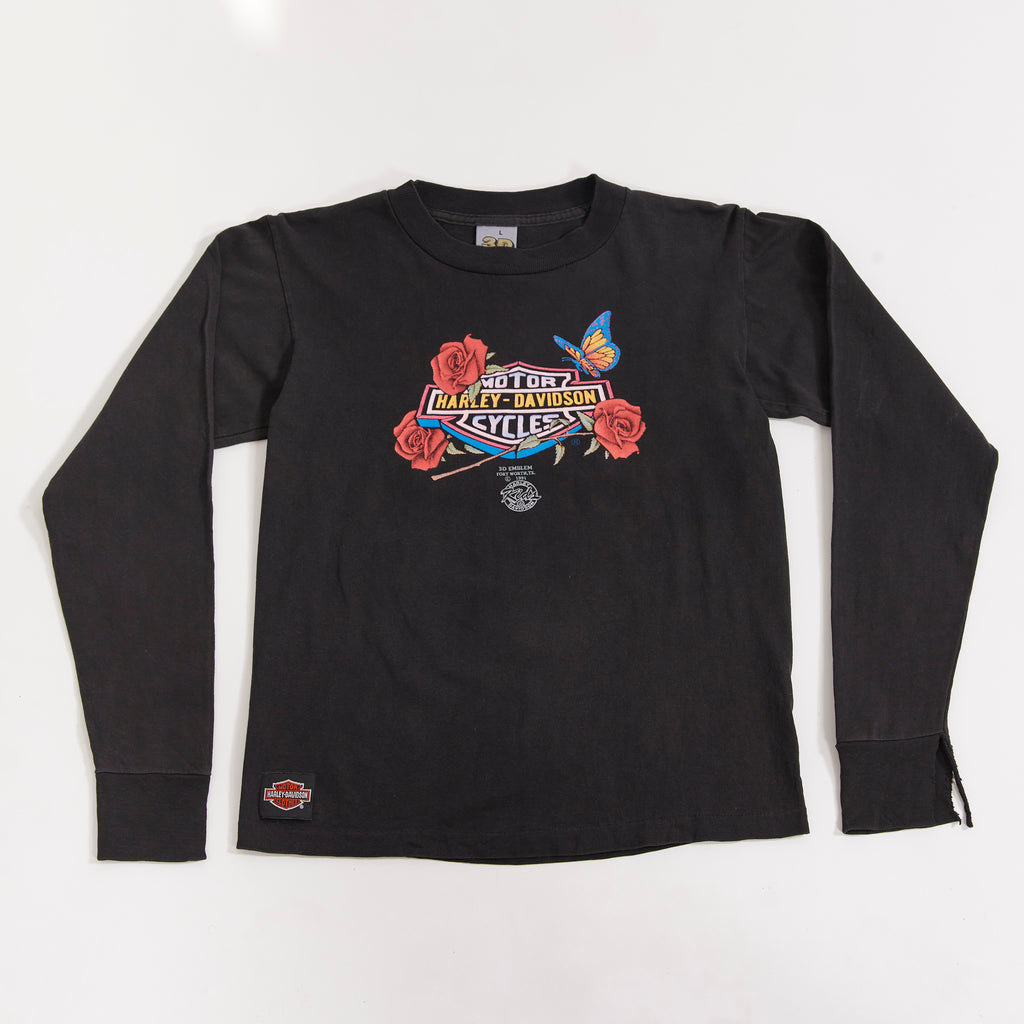 Vintage 1991 Harley-Davidson 3D Emblem Long-Sleeve| Harley Logo | roses & butterfly| Motorcycle Graphic t-Shirt| (Men's Extra Small)