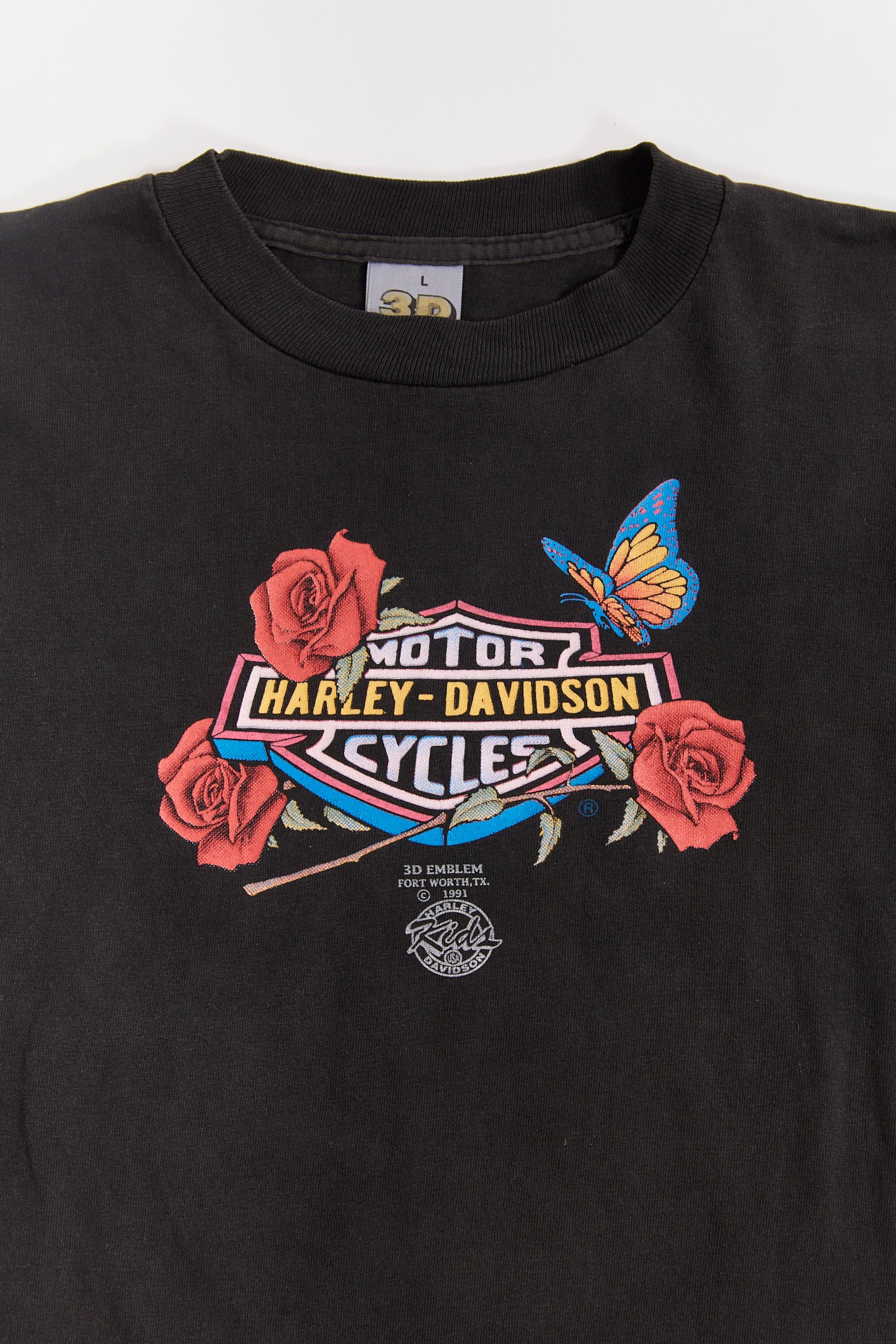 Vintage 1991 Harley-Davidson 3D Emblem Long-Sleeve| Harley Logo | roses &  butterfly| Motorcycle Graphic t-Shirt| (Men's Extra Small)