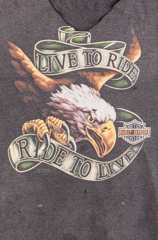 Vintage 3D Emblem | 1990's Harley-Davidson T-shirt | Live to ride Ride to Live| Sun Bleach & Distressed Oversized| Paper Thin (Men's Medium)
