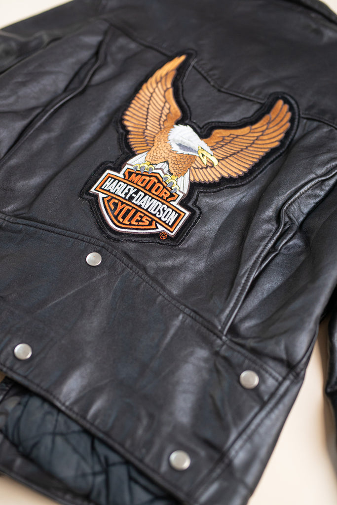 Vintage 80's Outdoor Exchange Moto Jacket Leather Perfecto Jacket Harley Davidson Eagle Patch  Black Moto Jacket (Men's 40)