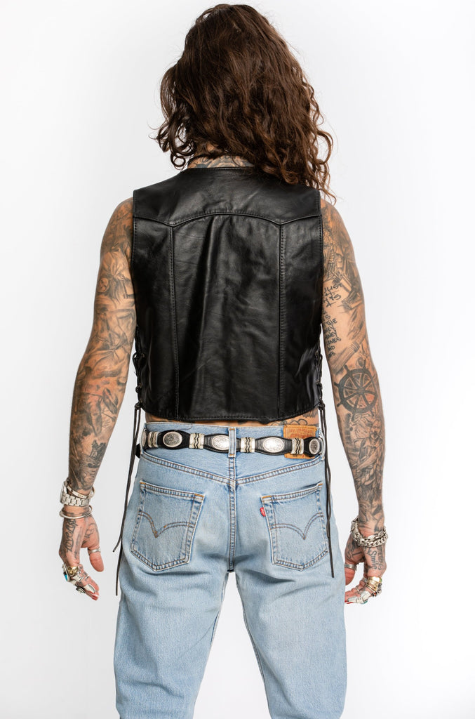 Vintage Black Leather Vest | 1990's Leather Biker Vest | Vintage Leather Moto Vest by Steer Brand made in U.S.A  (Men's Large)