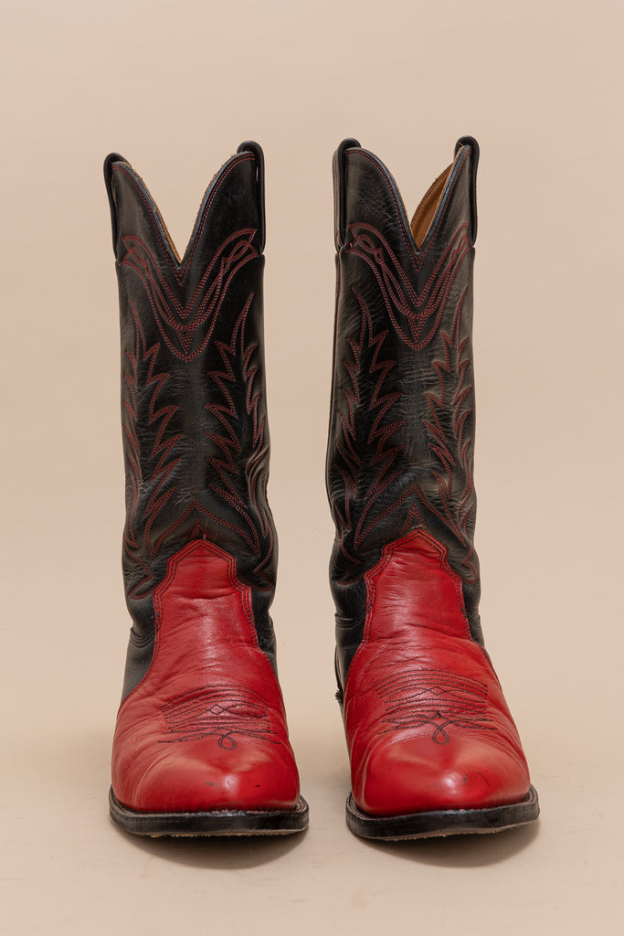Vintage Boulet Cowboy boots| in Dual Toned Leather| made in Canada| Western Leather Boots | in Red + Black| Pull On boots| (women's 10 B )