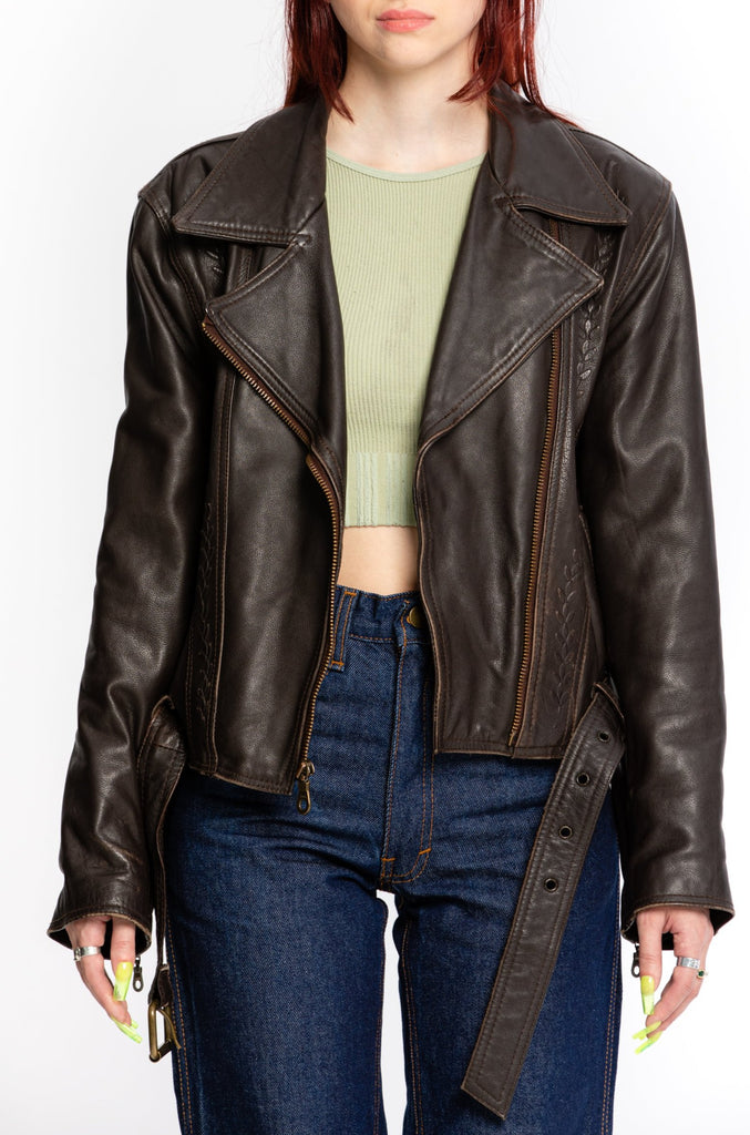 Vintage Brown Leather Moto Jacket | Embossed ''Harley-Davidson'' Style Biker Jacket | Cropped Leather Perfecto Jacket  (women's Medium)