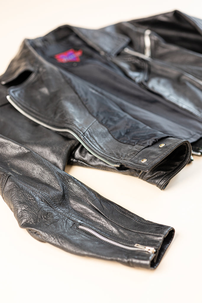 Vintage Crop Perfecto Jacket | Black Leather Moto Jacket | 80's Crop Biker Jacket| Leather Biker Jacket | Bat sleeve Moto Jacket| (Medium)