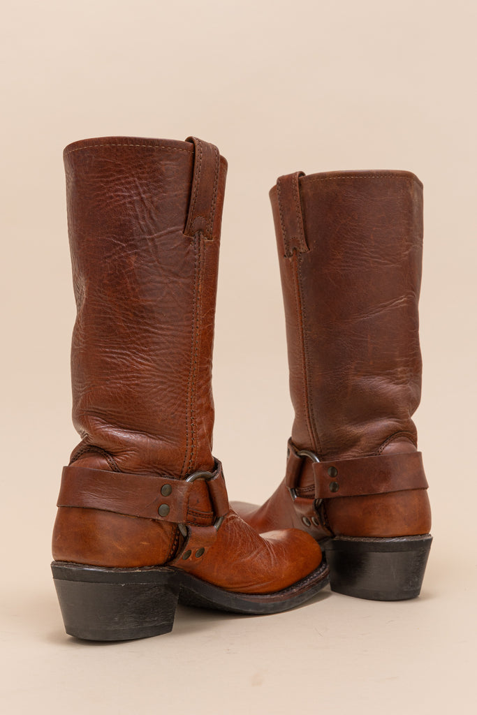 Vintage Frye Biker Boots | Frye Harness Boots| made in USA| Brown Motorcycle Boots| Brown Biker Boots| Pull On Boots m363850 700| W6