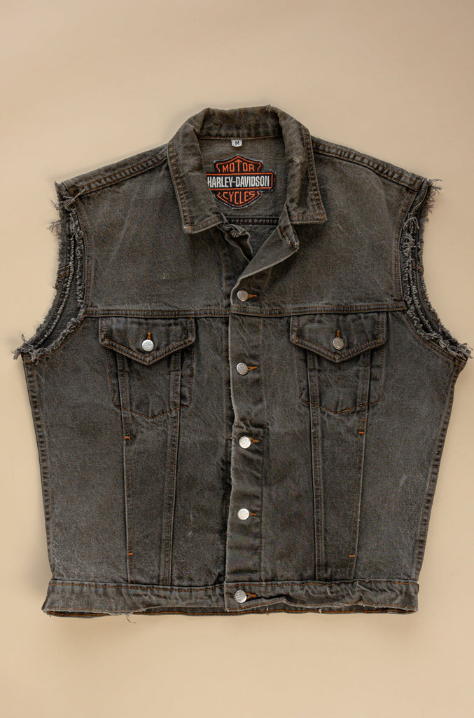 Vintage Harley-Davidson Jean Vest Denim Biker Vest Harley Eagle Back Print Charcoal sleeveless Jean vest (Men's XLarge)