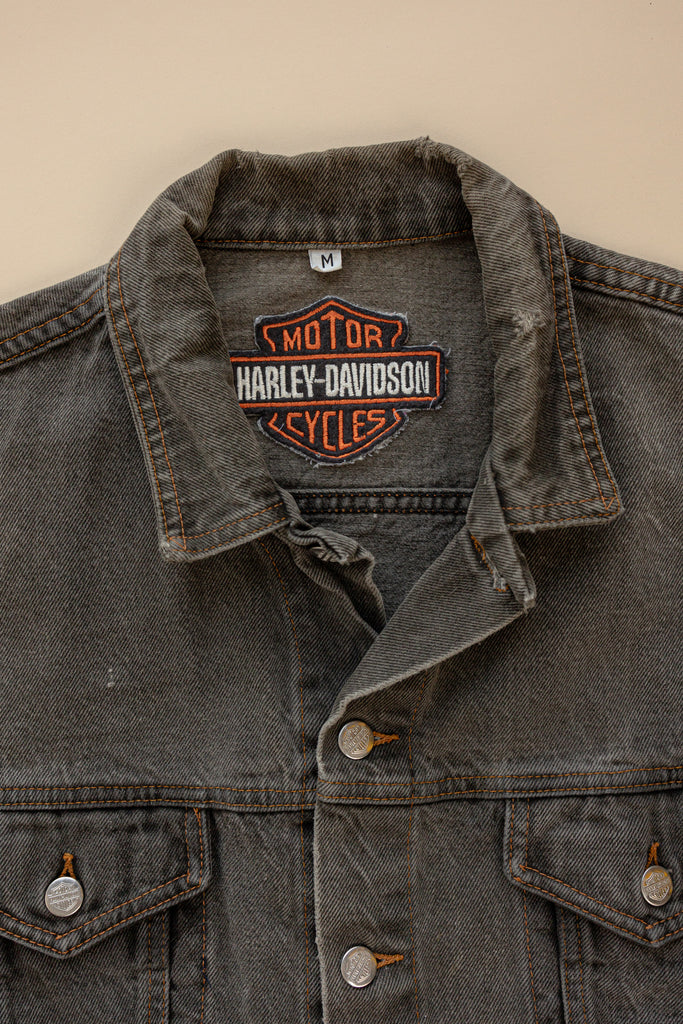 Vintage Harley-Davidson Jean Vest Denim Biker Vest Harley Eagle Back Print Charcoal sleeveless Jean vest (Men's XLarge)