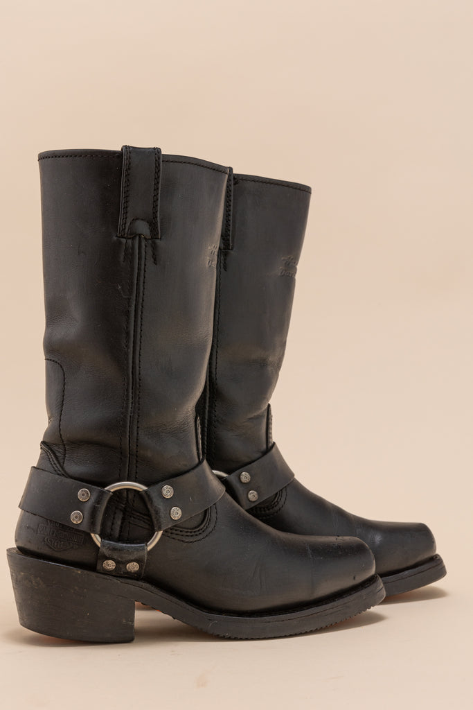 Vintage Harley-Davidson black Leather harness boots| Black Pull on Boots| Brass Harness| Black Biker Boots| square toe Boots (women's 6)