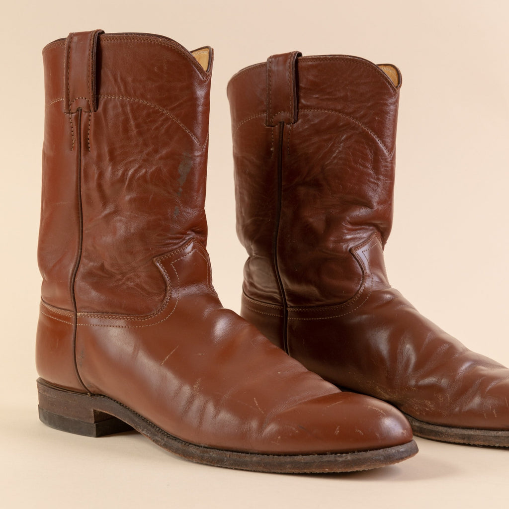 Vintage Justin's Western Boots| 80's Justin Leather Boots| Leather Campus Boots | Brown Leather Pull On Boots | Made in U.S.A. (men's 12)