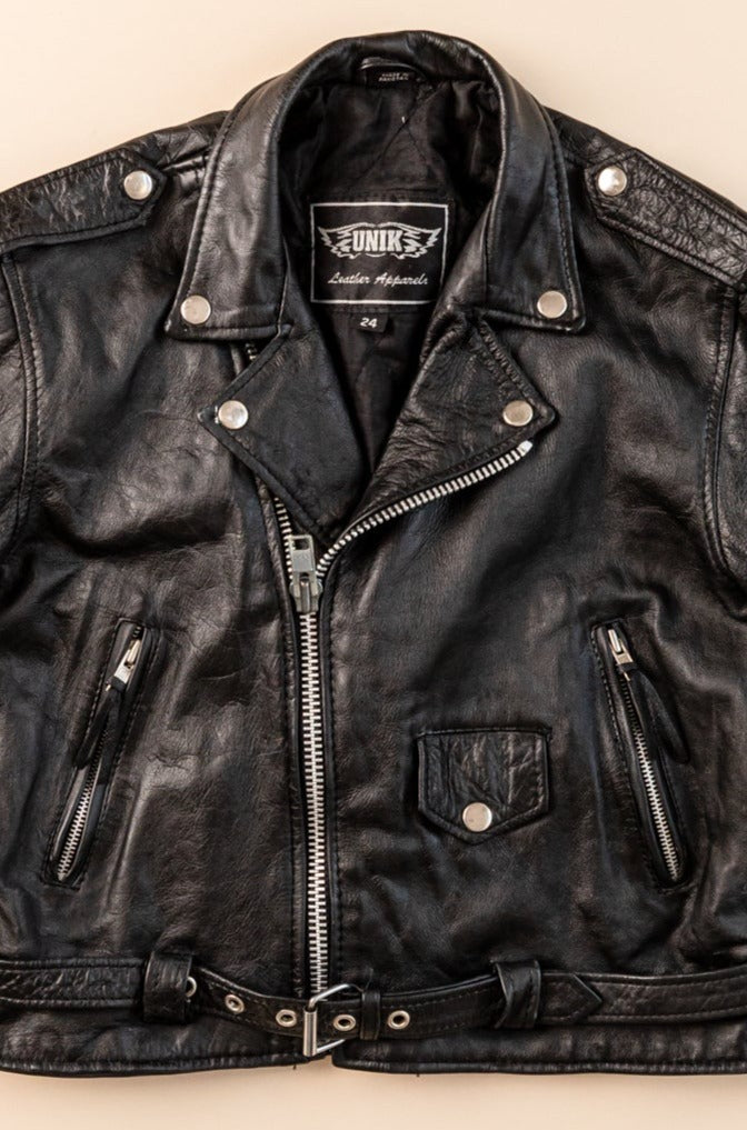 Vintage Moto Leather Jacket by UNIK | 1990's Black Leather Jacket| Crop Biker leather jacket | Cute Boxy Fit Perfecto | (Women's Small)