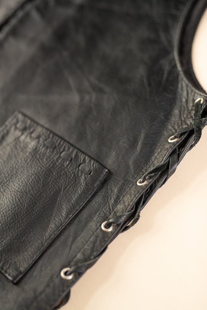 Vintage Motorcycle Vest | 1970's Vintage Black Leather Vest | Vintage Black Leather Biker Vest | Leather Moto Vest (Men's Large)